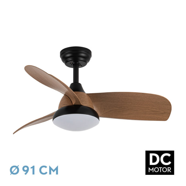Ventilador Dc Atomo 24w Negro 3aspas Madera Oscura 91d 2640lm 3000k,4000k,6000k Remoto+memoria+temporizador - Negro/Madera Oscura