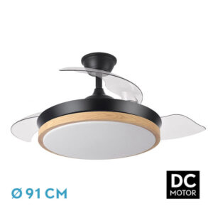 Ventilador Dc Evros Negro/hay 72w 6120lm 91d 3aspas Desplegables 3000-4000-6000k Remoto, Temporizador, Memoria - Negro/Haya